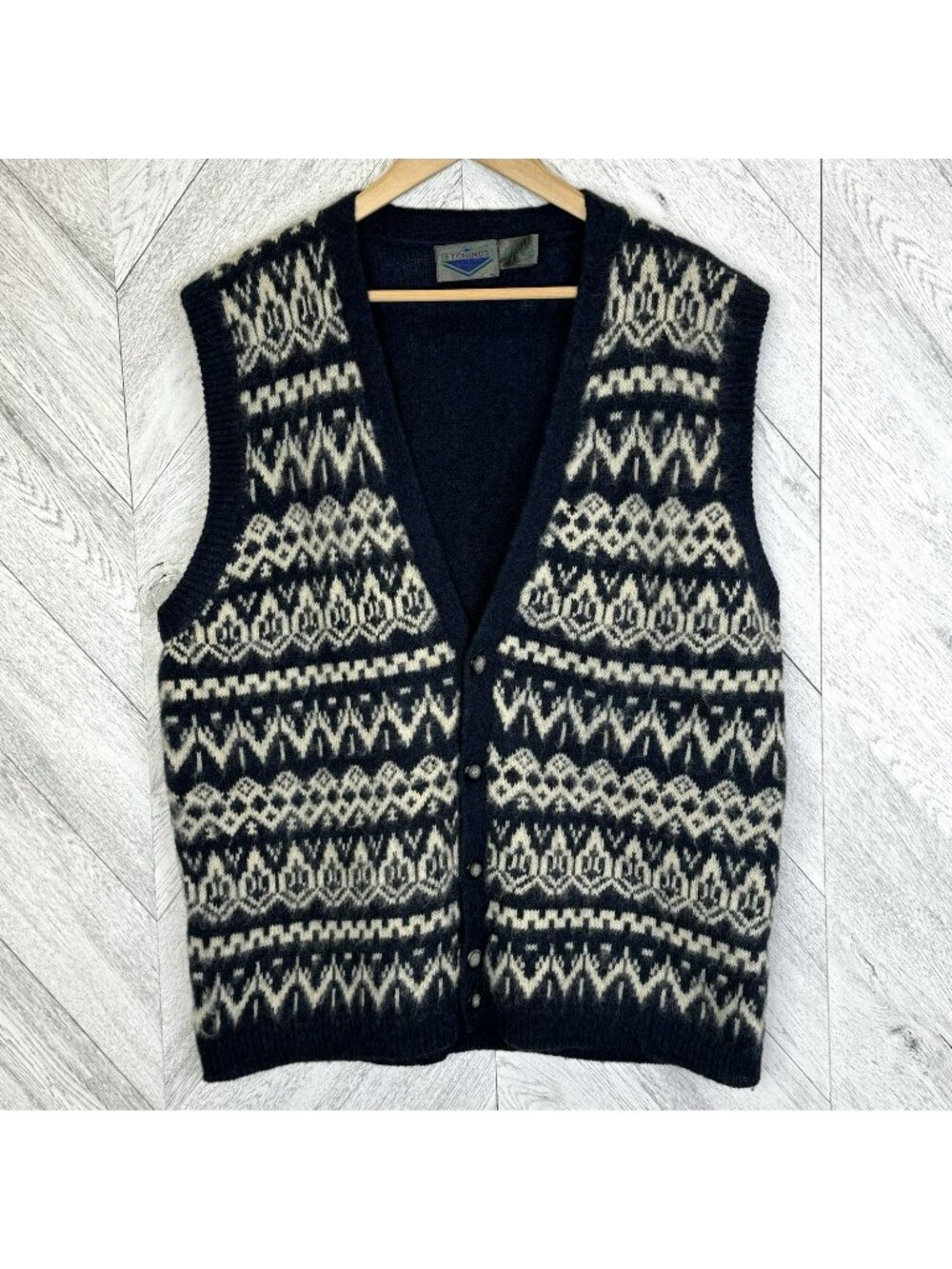 Vintage Etchings Knit Sweater Vest Mens Size Large 100% Wool Blue Dad Grandpa